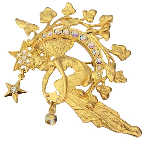 Kirk's Folly Gold Tone  Beautiful Fairy On A Crescent Moon Star Dangle Brooch - Picture 4 of 9